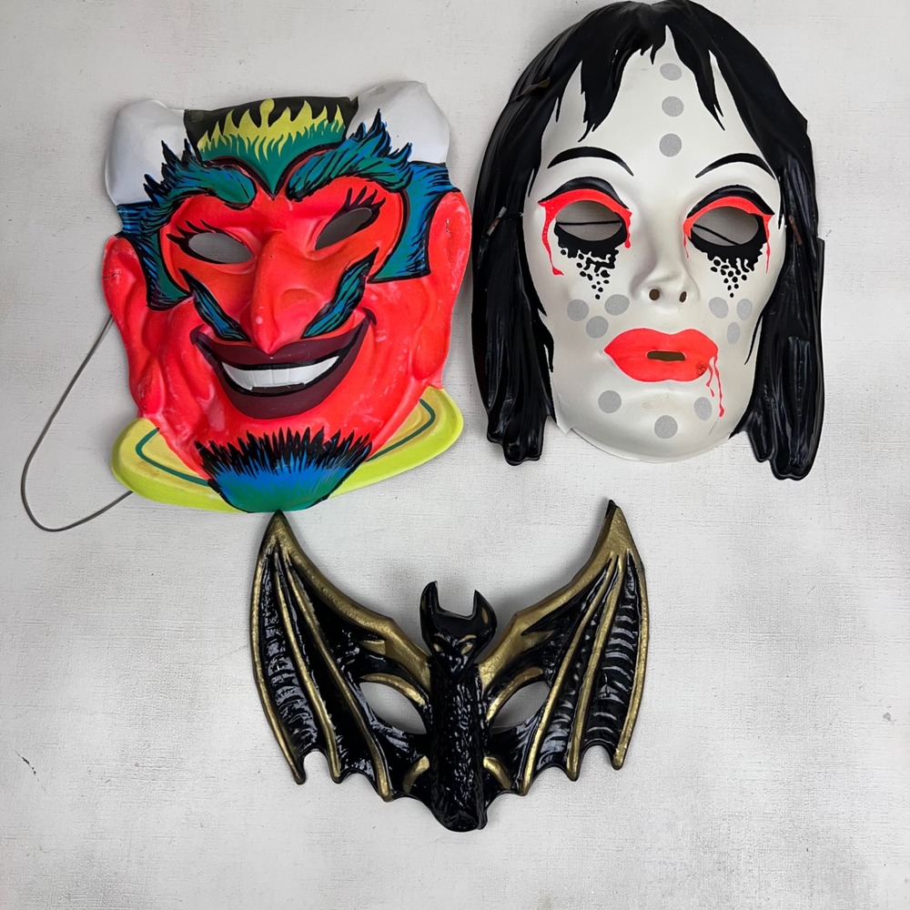 Vintage Halloween Mask Lot Devil Zest Soap Promo Gothic Bat Plastic Costume 3pc